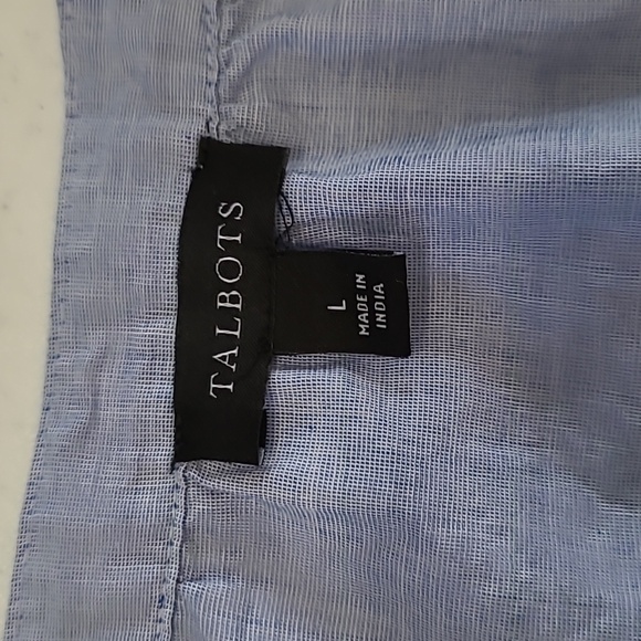 Talbots Chambray Blouse with Bright Pink & Yellow Embroidered Sleeves size Large - Picture 5 of 8